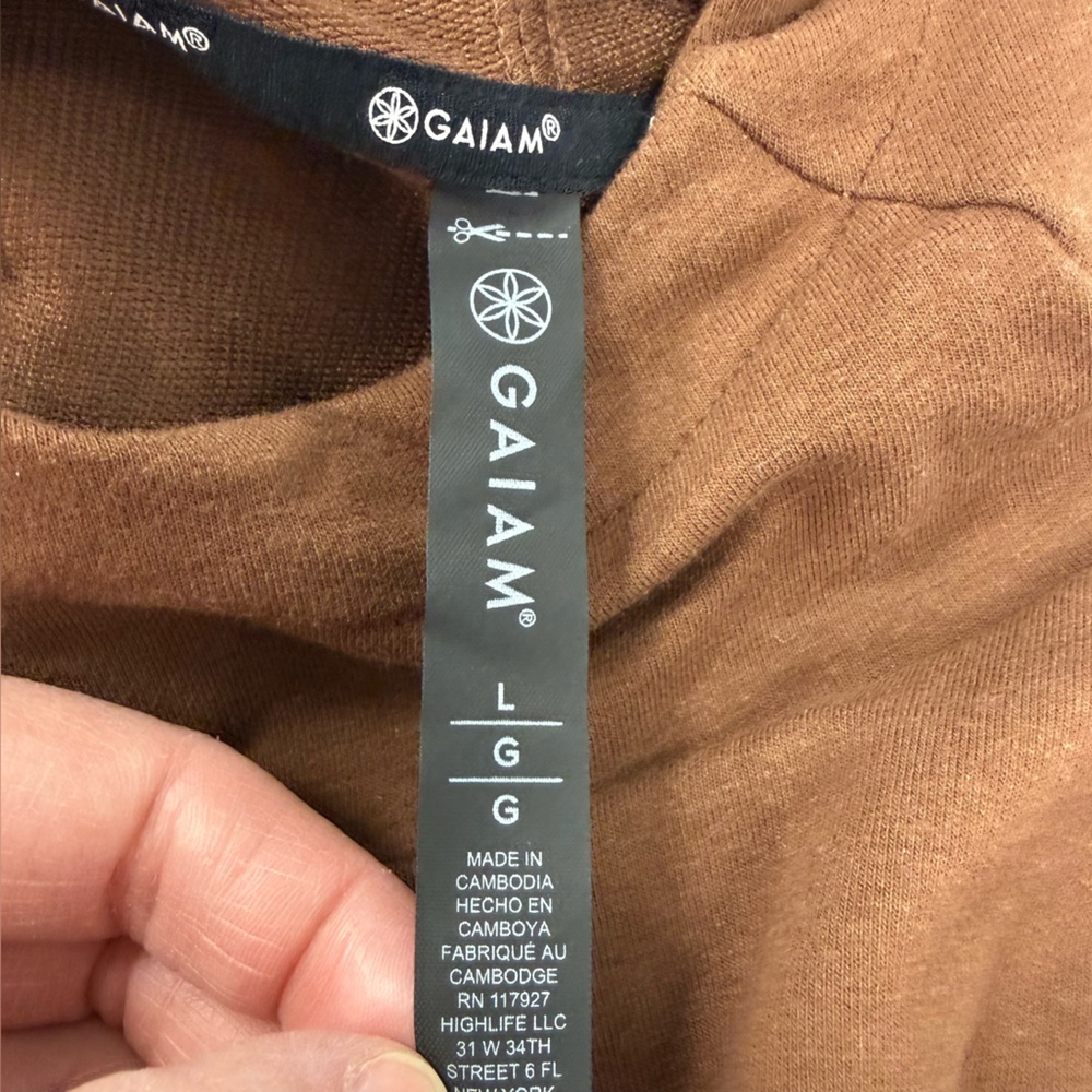 NWT Gaiam Yoga Namaste Hoodie Slim Fit Fitness Large Brown Cowl Neck Sweatshirt - Picture 10 of 11